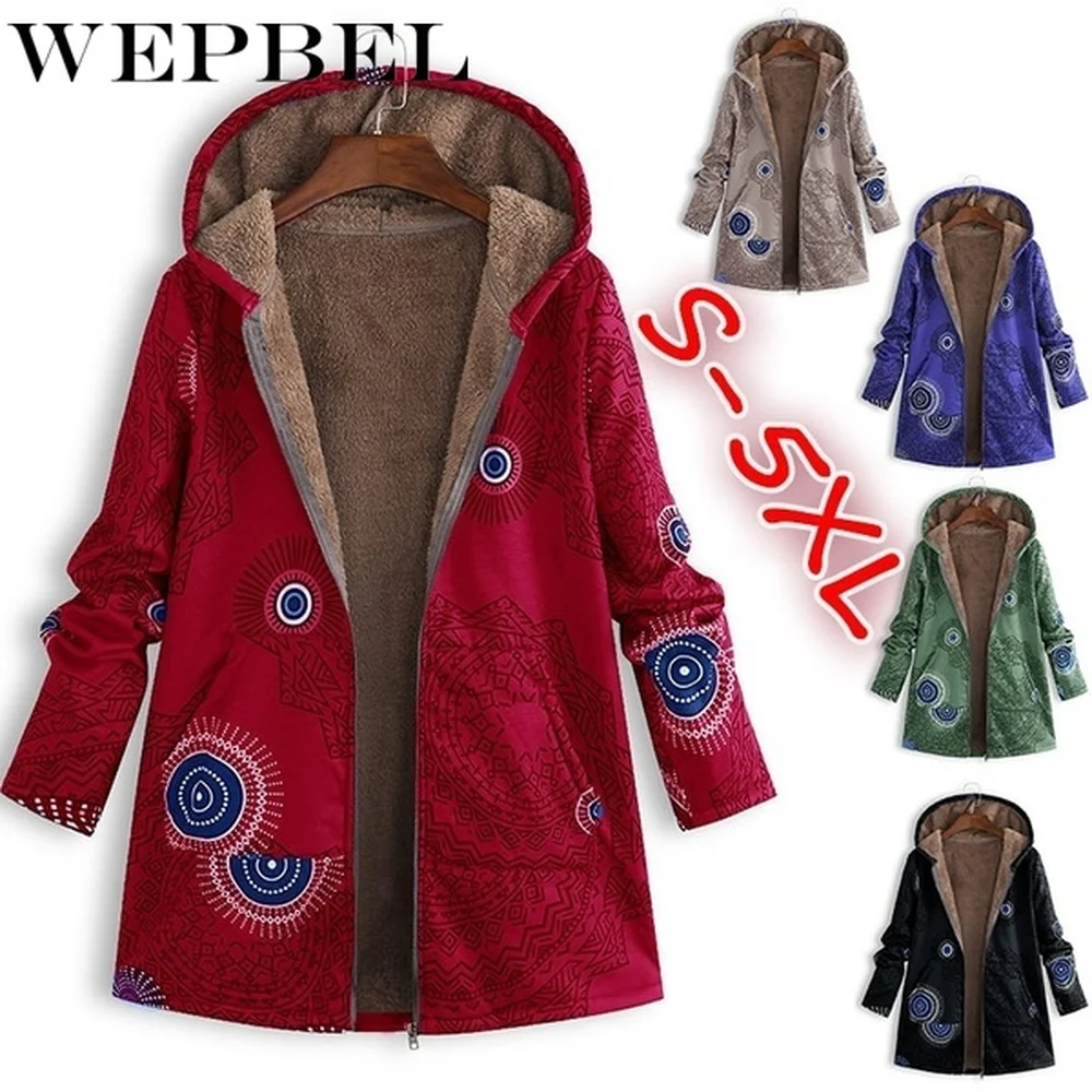 WEPBEL Zimné Kabáty Ženy vetrovka Dámske Zimné Teplé Outwear Etnickej Tlače Kapucňou Vrecká Vintage Nadrozmerná Coats Plus Veľkosť S-5XL