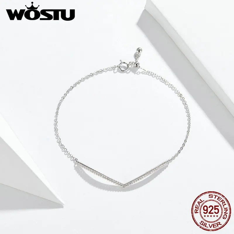 WOSTU Jednoduché V Náramok 925 Sterling Silver Žiarivý Zirkón Originálny Dizajn Náramkov Pre Ženy Minimalistický Luxusné Šperky CQB137