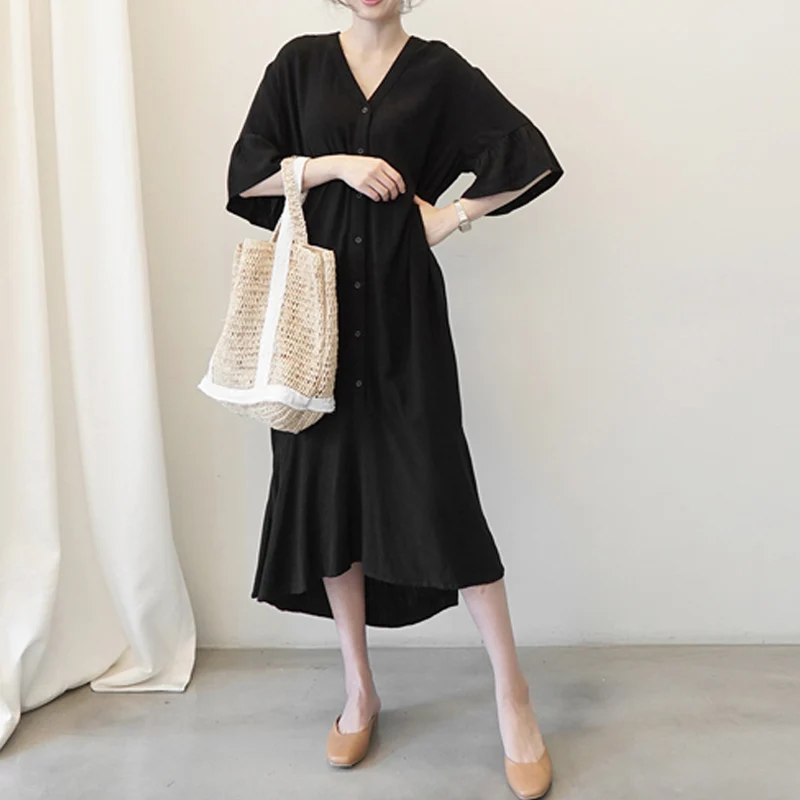 YAMDI strany midi šaty žien elegantná žena kórejský jar leto vintage 2020-line šaty pevné v krku krátky rukáv vestidos