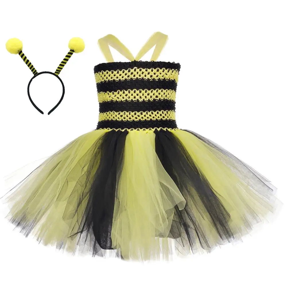 Yellow Black Queen Bee Tutu Šaty s hlavovým oblúkom Deti Narodeniny Úlohu Hrať Cartoon Oblečenie Detí Fáze Výkonu Šaty