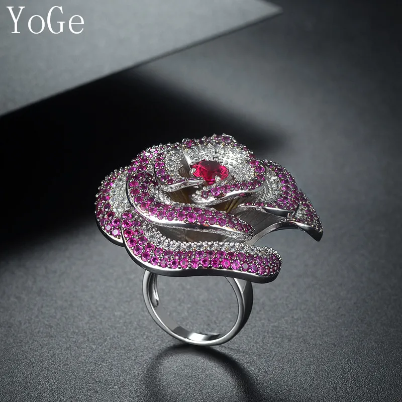 YoGe Svadobné&Party Šperky pre Ženy,R0918R Luxusné AAA CZ červený kameň ruže kvet veľký kruh
