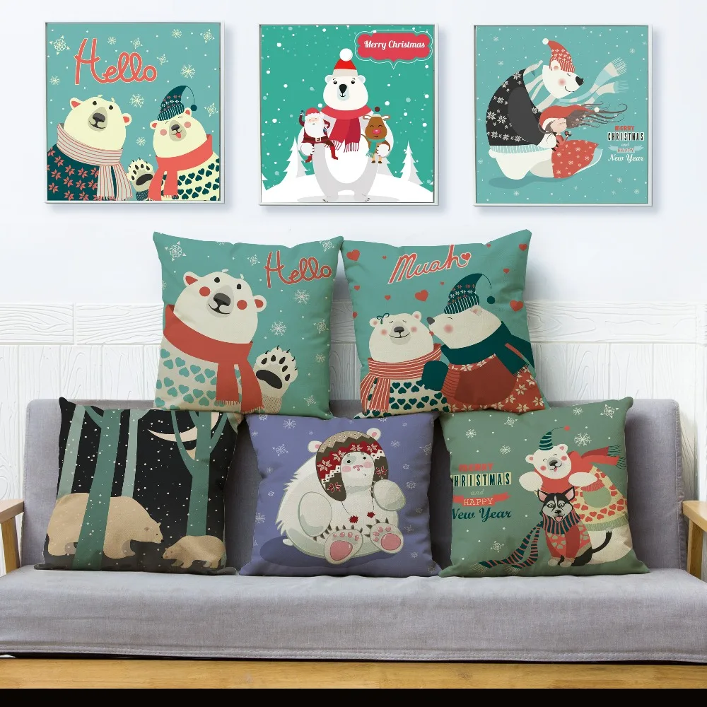 Zelené Pozadie Cartoon Polar Bear Vankúš Vankúš Dekor Veselé Vianoce a Šťastný Nový Rok obliečka na Vankúš na Gauč 45x45cm