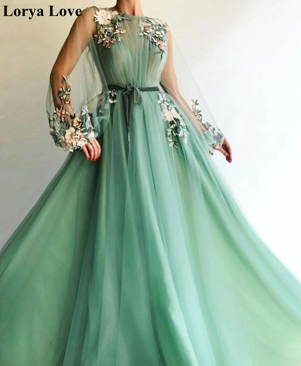 Zelené Šaty Ples 2020 Ženy Formálnej Strany Noc Vestidos De Gala Dlhé Rukávy Večerné Šaty Elegantné Ilúzie Prom Šaty