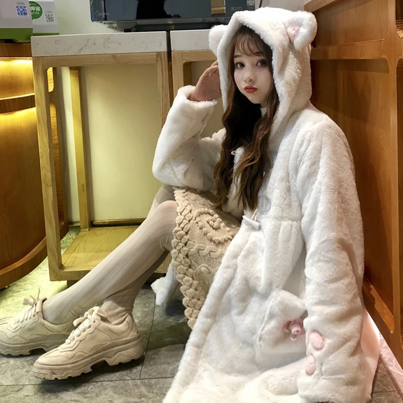 Zimné Japonské Sladké Dievčenskú Lolita Coats Ženy Kawaii Outwear Teplé Mäkké Plyšové Komiksu, Anime Roztomilé Mačacie Uši Kapucňou Bundy 2020