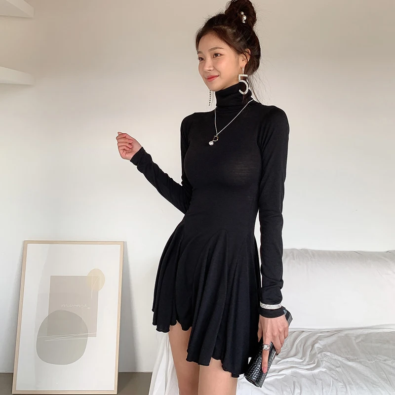 Zimné pletenie jeden kus kórejský Dámy Čierny Dlhý Rukáv turtleneck skladaný Strany Mini Šaty pre ženy čína Oblečenie