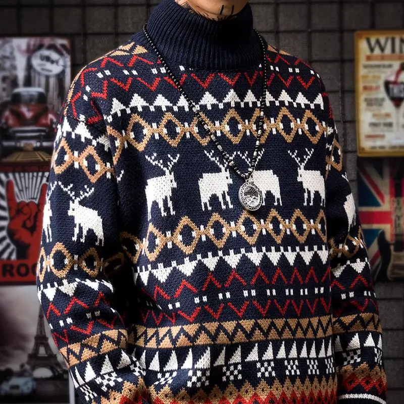 Zimný Sveter Vianočné Vytlačené Jeleň Módne Sveter Knitwear Unisex Streetwear Jersey Vytiahnuť Homme Výška O-krku Vintage Sveter