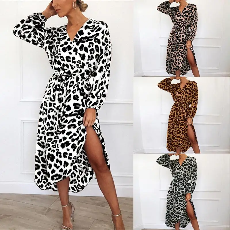 ZITY Leopard Šaty Žien Šifón Long Beach Voľné Šaty s Dlhým Rukávom Hlboké V-Neck A-Line Sexy Party Šaty