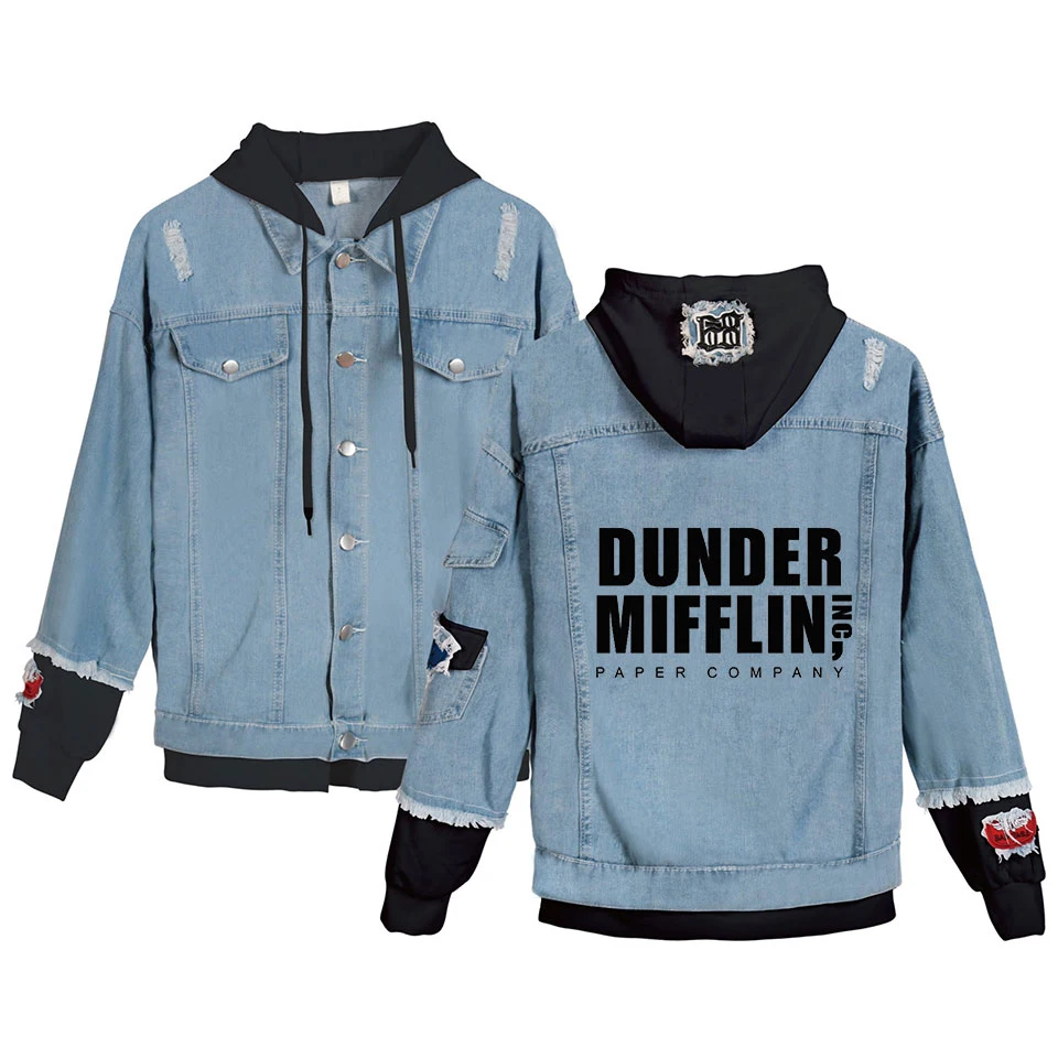 Úrad TV Show Dunder Mifflin Trendy Falošné Dve Kus Denim Jacket Ženy Dlhý Rukáv Vrecká, Bunda s Kapucňou Streetwear Oblečenie