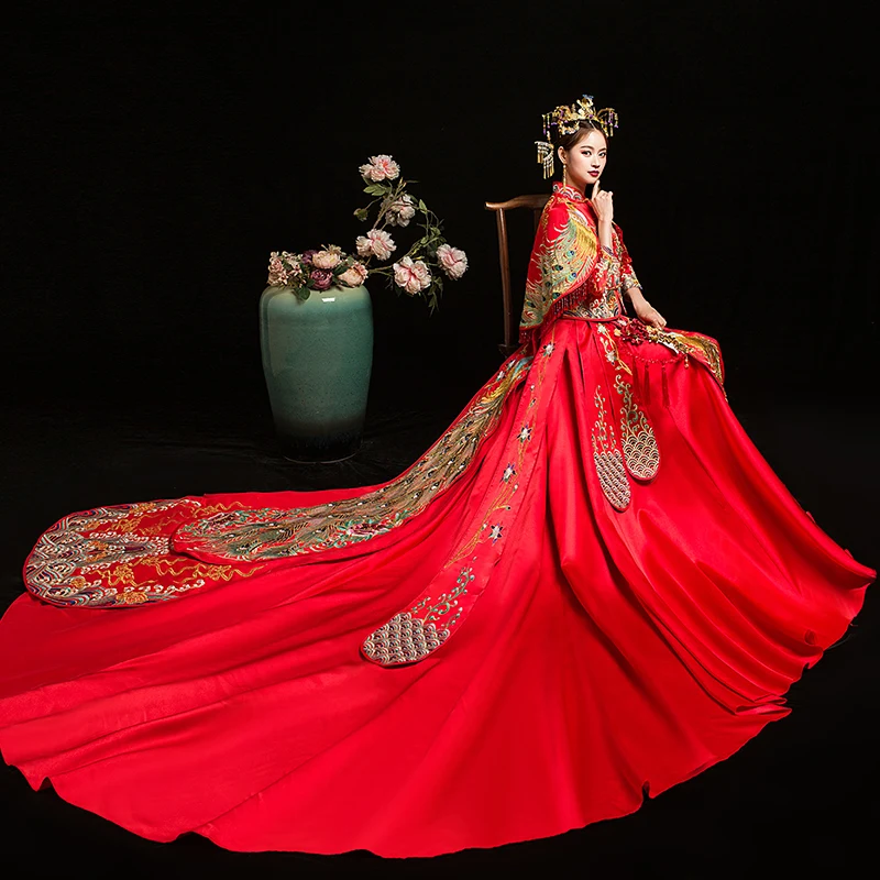 Červená Nevesta Čínsky Štýl Cheongsam Svadbu Večerné Šaty Vintage Dámske Výšivky Dlho Qipao Party Šaty, Oblečenie S - XXL