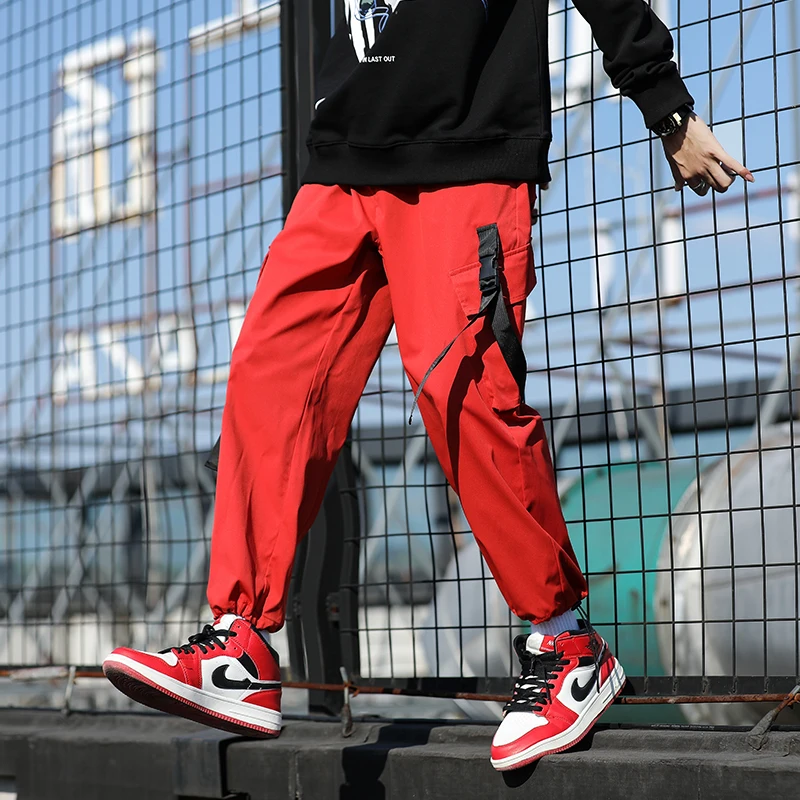 Červená Streetwear Stuhy Bežné Nohavice Mužov Slim Pánske Joggers Nohavice Bočné vrecká Bavlna Muž Nohavice