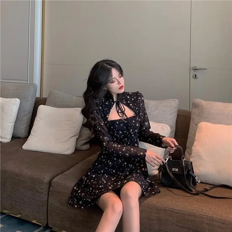 Čierne Elegantné Sladké Šaty Žien Čipky Kawaii Dizajnér Mini Šaty Žena Čipky Štíhle Sexy kórejský jednodielne Šaty Jeseň 2020 Ženy