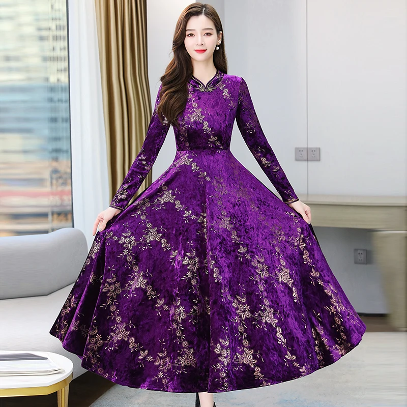 Čínsky Štýl Cheongsam Elegantné Ženy Vestidos 2020 Vintage Velvet Teplé Zahustiť Šaty Jeseň Zima Bodycon Strany Maxi Šaty