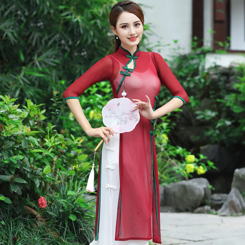 Čínsky Štýl, Elegantné Tanečné Šaty Žien Dospelých Gázy Praxi Šaty Klasického Tanca Cheongsam Orientálne Tanečné Oblečenie DQL5046