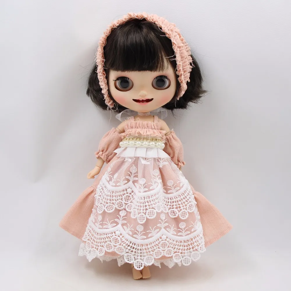 ĽADOVÉ DBS Blyth bábika ružové šaty s pearl oversleeve a hlavový most Vintage oblečenie