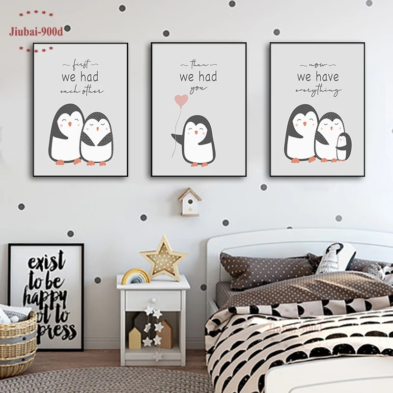 Škôlky Wall Art Dekoratívne Cartoon Zvierat Penguin Obrázky Plátno na Maľovanie Detská Izba Dekorácie Plagáty a Vytlačí NUR31