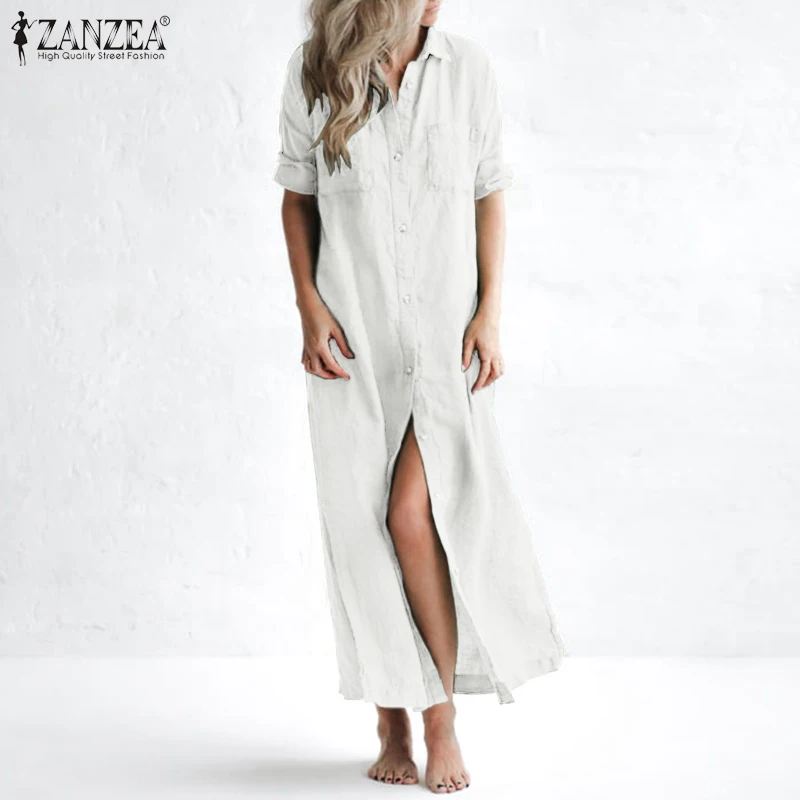 Štýlové dámske Jeseň Sundress ZANZEA 2021 Bežné Pevné Tričko Šaty s Dlhým Rukávom Maxi Vestidos Žena Tlačidlo Šaty Plus Veľkosť 5XL