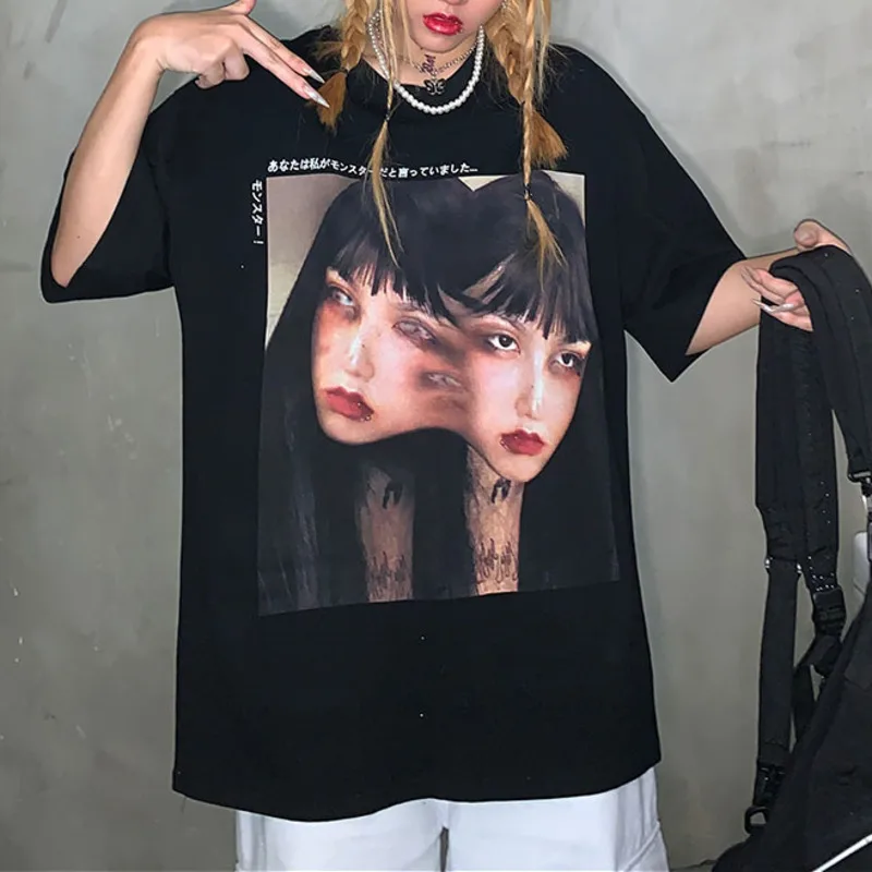 Ženy, Gotické Oblečenie Horor Fujiang Znak Tlače T-shirt Harajuku Krátky Rukáv Voľné Tričká Estetické Streetwear Plus 2XL