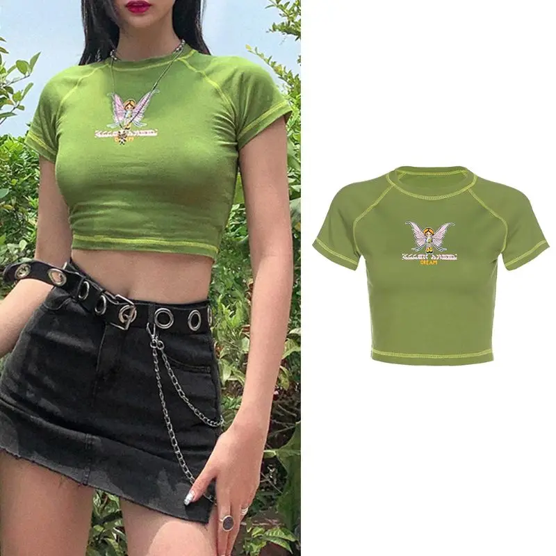 Ženy Krátky Rukáv Slim T-Shirt Víla, Motýľ Grafické Listy Tlač Plodín Top D08E