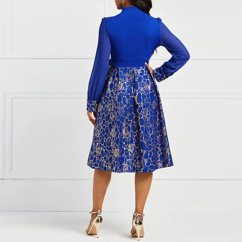 Ženy Kráľovská Modrá Víla Šaty Žena Jeseň Roku 2019 Dlhý Rukáv Krajky-Up Bežné Black Office Dámy Práce Strana Elegantný Retro Šaty