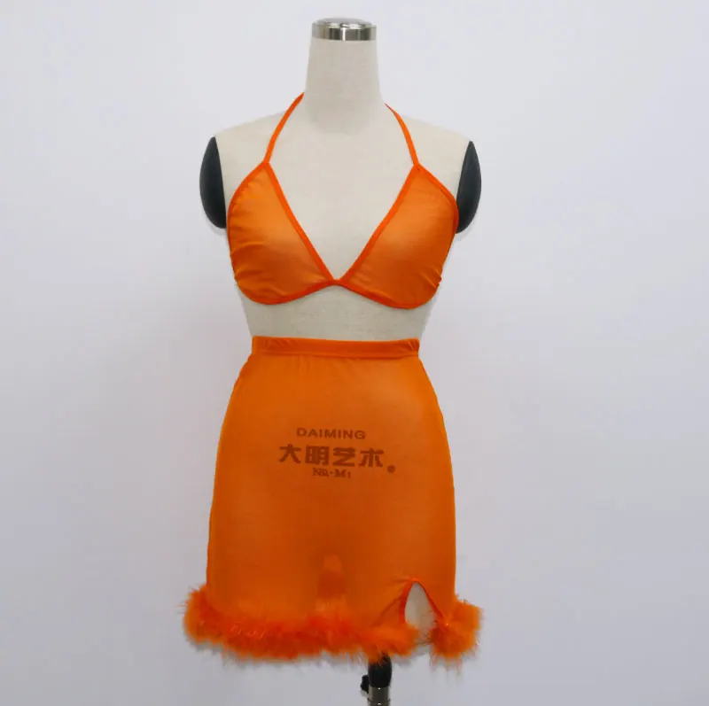 Ženy Pevné Načechraný Camis Top Oka Sukne 2 Dielna Sada Žena Orange Pozri Prostredníctvom Krátkych Mini Sukne Sexy Dámy Zodpovedajúce Oblečenie Dvoch