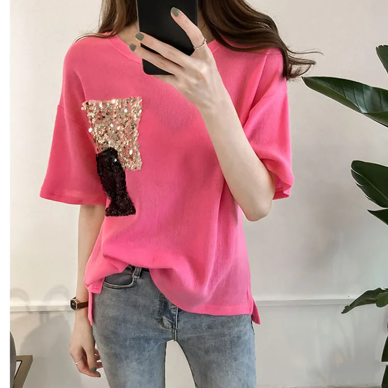 Ženy sequined topy lete veľké veľkosť T-shirt kórejský príležitostné voľné lesklé-krátke rukávy t-shirt žena topy tričko