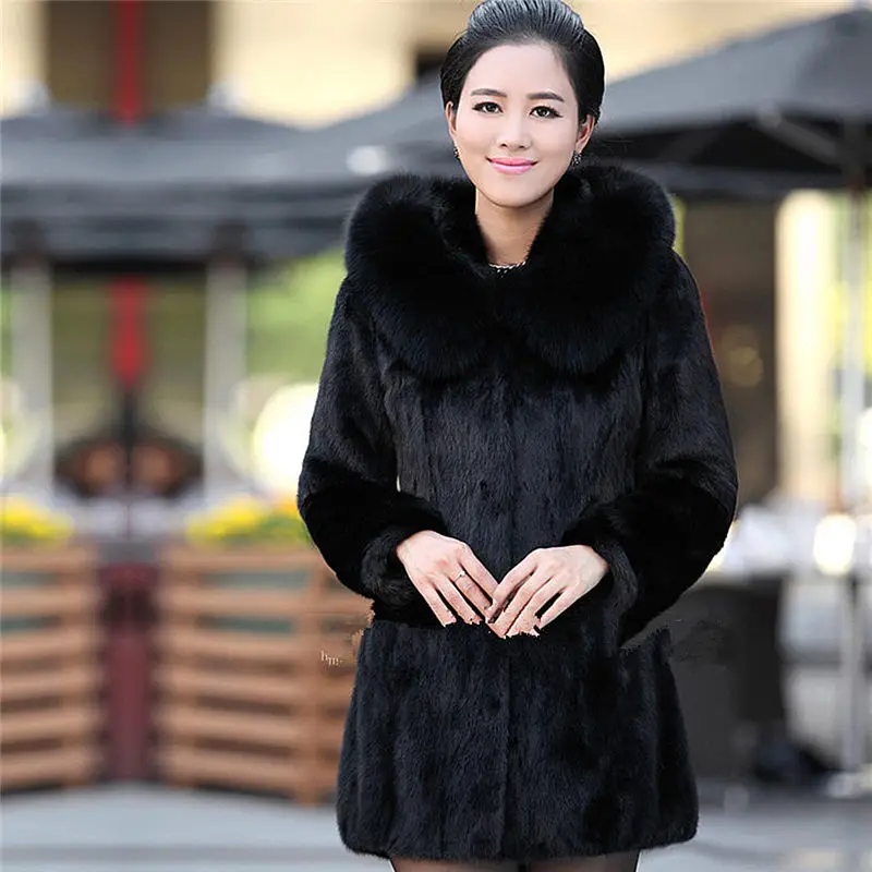 Ženy Zime S Kapucňou Falošné Kožuchy Plus Veľkosť Vintage Umelé Black Faux Fox Kožušinový Kabát S Kapucňou Veľká Veľkosť 002