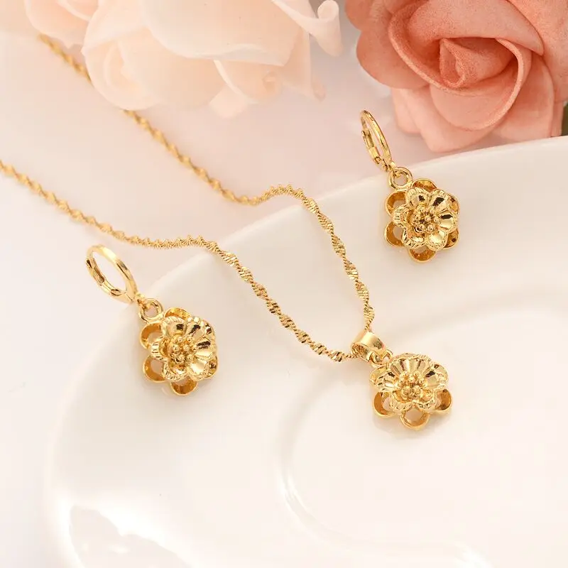 ženy Šperky set roztomilé 18 K Solid Gold GF rose Prívesok kvet Náhrdelníky/Náušnice Európe Svadobné dievča Dar lásky