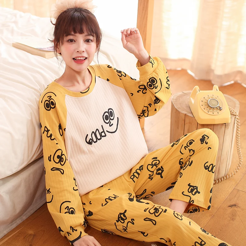 Žlté kvety Sleepwear dámske Pyžamo Bavlnené Pyžamo Vyhovovali Roztomilý dámske Domáce Oblečenie Pijama Femenino Inverno Voľné Veľké Veľkosť