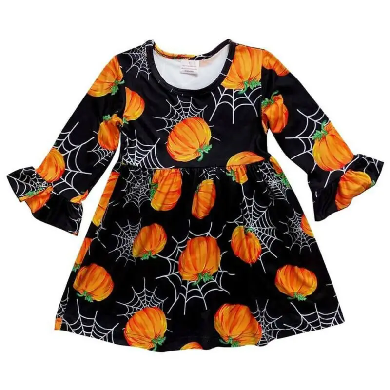 1-5Y Batoľa, dieťa baby Halloween girl šaty horn dlhý rukáv tekvica pavučinu tlač strany zdobiť roztomilý dievča tutu dovolenku oblečenie