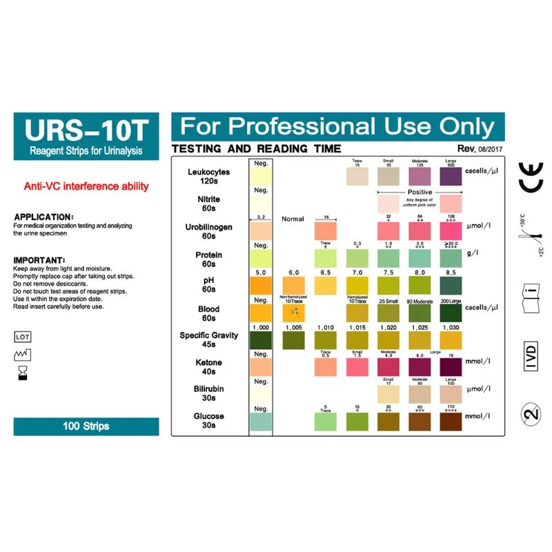 100 Pásy URS-10 TON Moču Reagenčné Prúžky 10 Parametre Moču Pásy Leukocyty, Dusitan, Urobilinogen, Bielkovín, pH