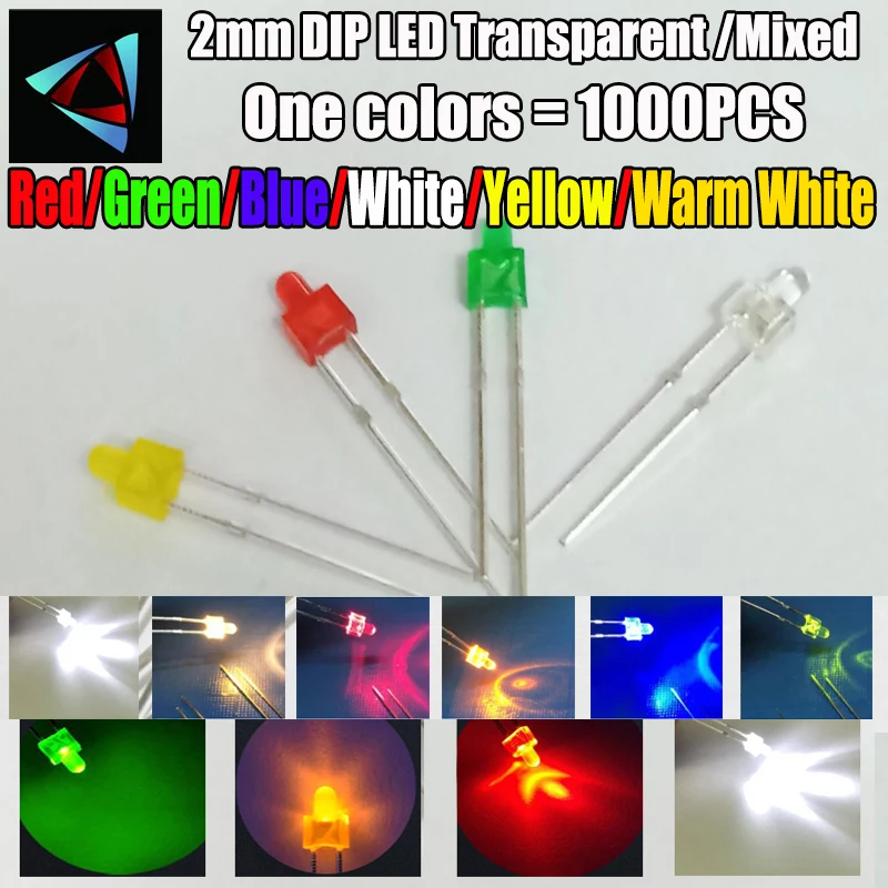 1000Pcs 2 MM LED Dióda Transparentné Zmiešané Farba Červená Zelená Žltá Modrá Biela teplá oranžová