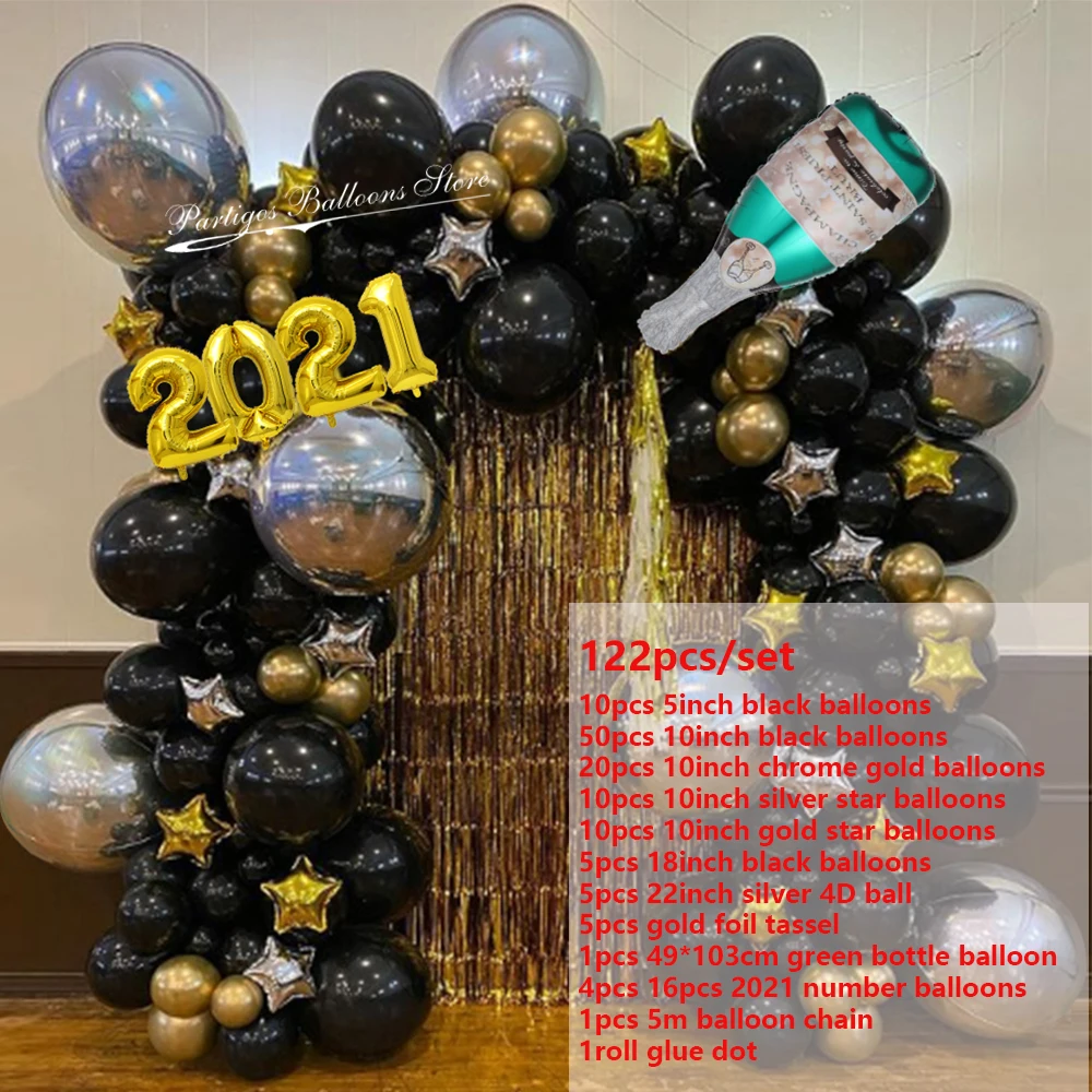 122pcs 2021 Šťastný Nový Rok Balóny Garland Čierne Zlato Latex Vzduchu Globos Merry Christmas Eve Dekorácie Pre Domov Strán Dodávky