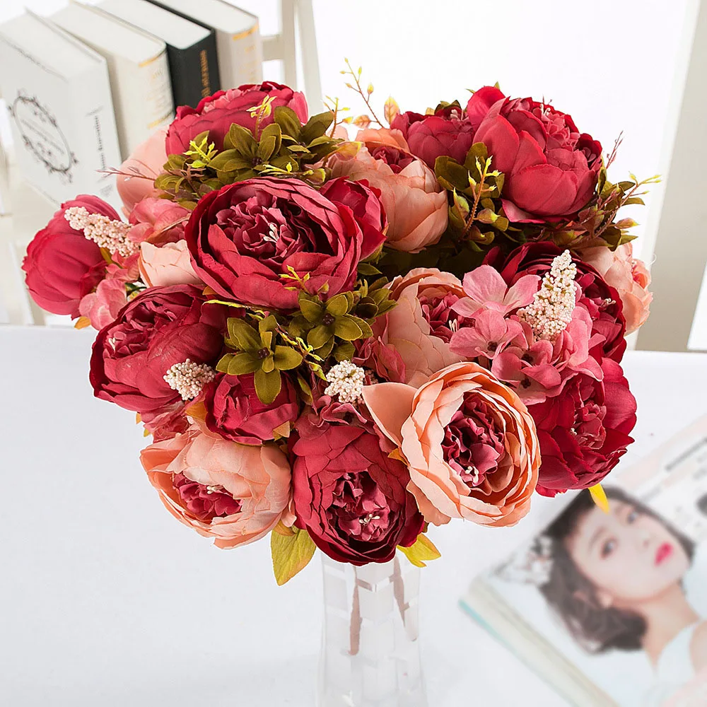 13 Pobočky/Kyticu Umelých kvetov Pivónia Živé Flores Artificiales Falošné Hodváb Rose Svadobné DIY Svadobné Dekor Veniec Žľazy Domov