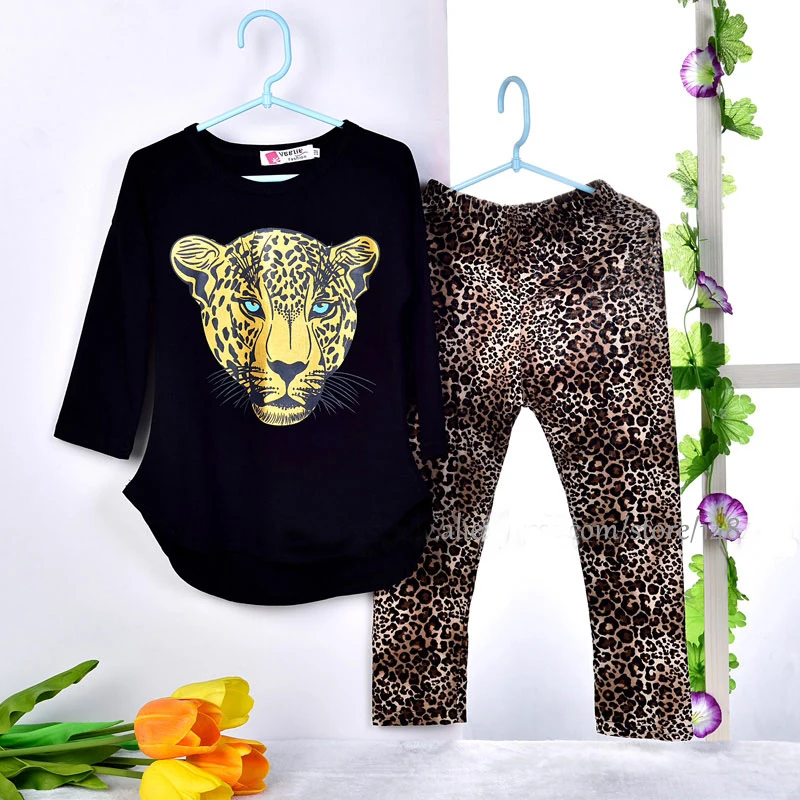 2018 Jar Jeseň Dievčatá Oblečenie Sady christmas, Baby, Deti, Oblečenie pre Deti, Oblečenie Plné Rukáv T Shirt Leopard Legíny 2ks