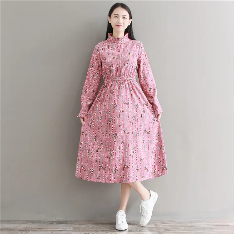2018 jar vintage dlhý rukáv vták šaty nový štýl jeseň menčestrové šaty pre ženy