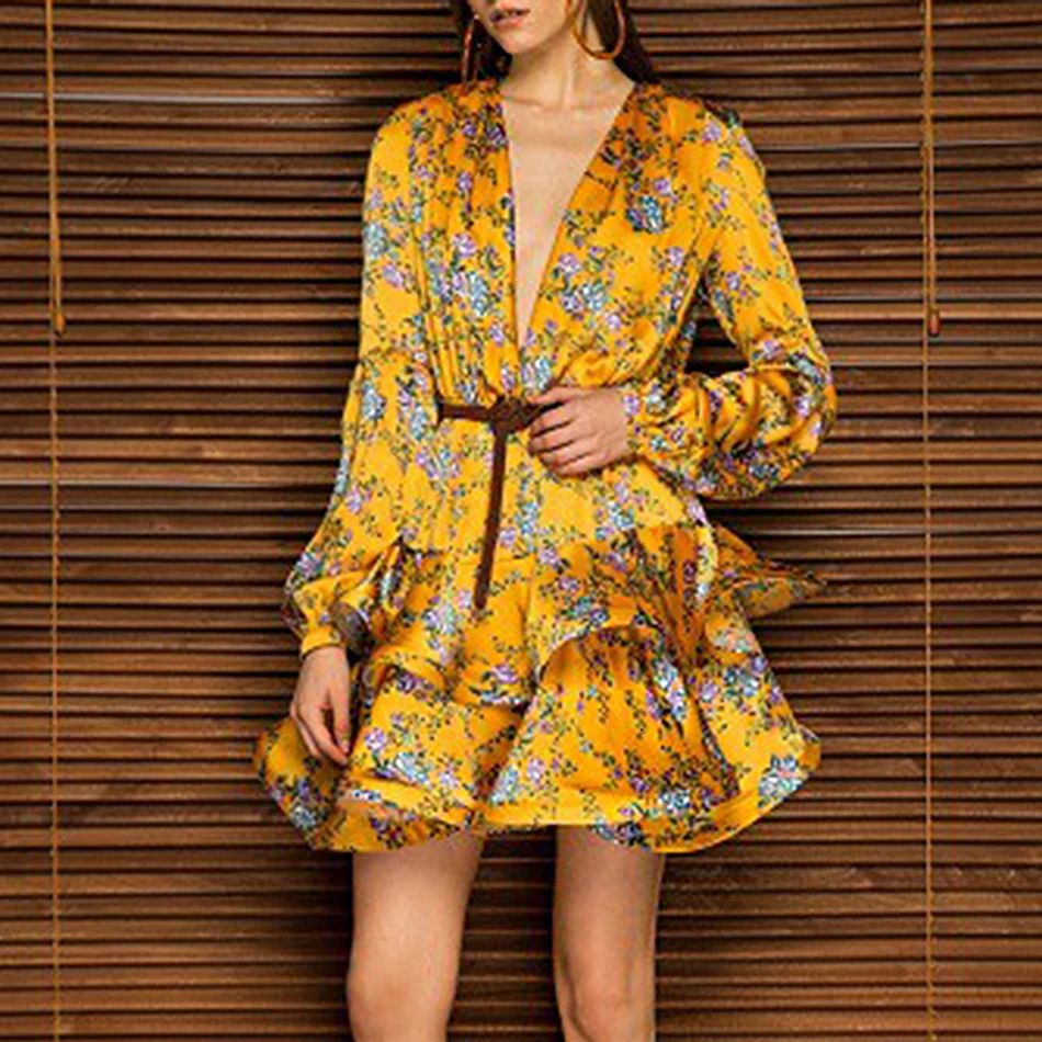 2019 Jeseň Fashion Nové Žien Tlač Rozstrapatené Luk Šaty Žena Zmysel tvaru Lístkového Rukáv Vysoký Pás Čipky Šaty Veľkoobchod Vestidos