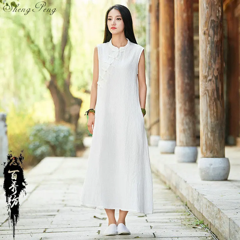 2019 lete čínske tradičné šaty žien bavlnená posteľná bielizeň Cheongsam bez rukávov voľné šaty qipao V1586