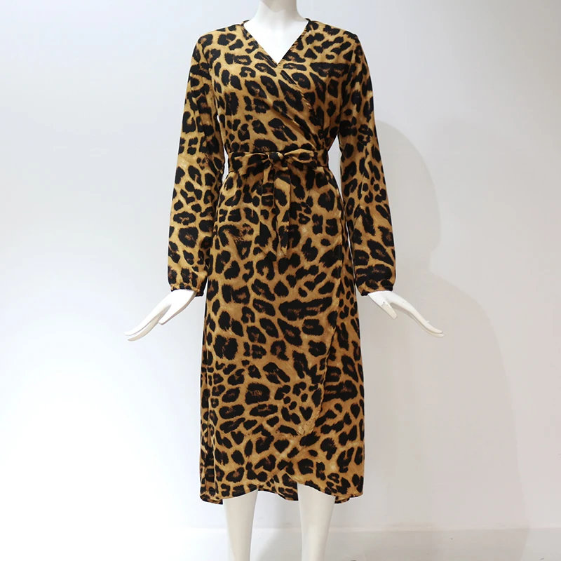 2020 Bežné Leopard Tlač Dlhý Rukáv Šifón Šaty Vintage Jeseň Elegantné Dámske Šaty tvaru Dlhé Maxi Split Kancelárske Šaty