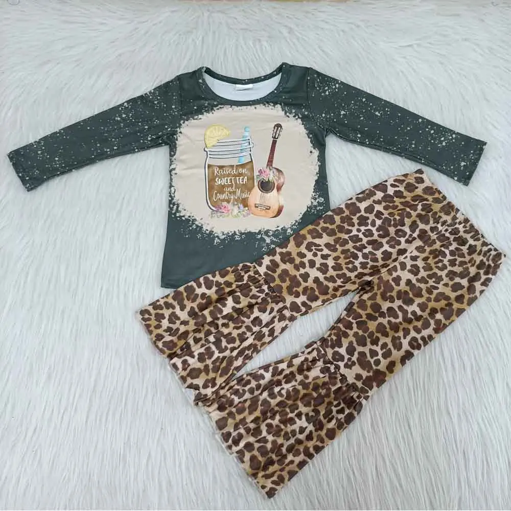 2020 Dieťa Šťavy Gitara Tlač Tričko Leopard Zvony, Nohavice, Oblečenie Pre Deti Nosenie Jeseň Zima Oblečenie Dievčatá Dlhý Rukáv Šaty Sady