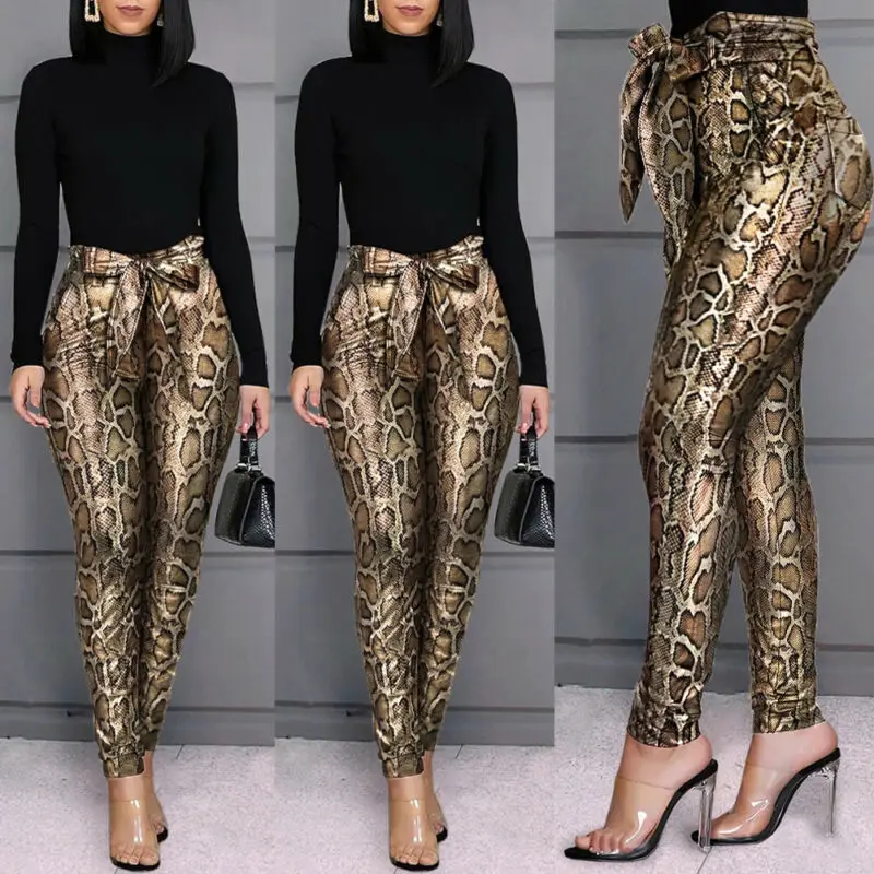 2020 Hot Predaj Ženy Leopard Úsek Faux Kožené Vysoký Pás nohavice plášť Legíny Lacné Ženy Oblečenie S-XL
