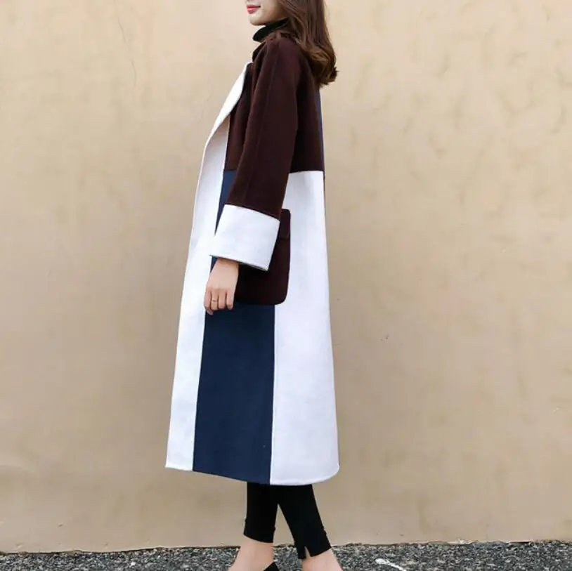 2020 Jar ženy kabát kontrast farieb klopy dlhé vlny kabát ženy vysokej kvality zmes long-sleeve sako teplé outwear streetwear