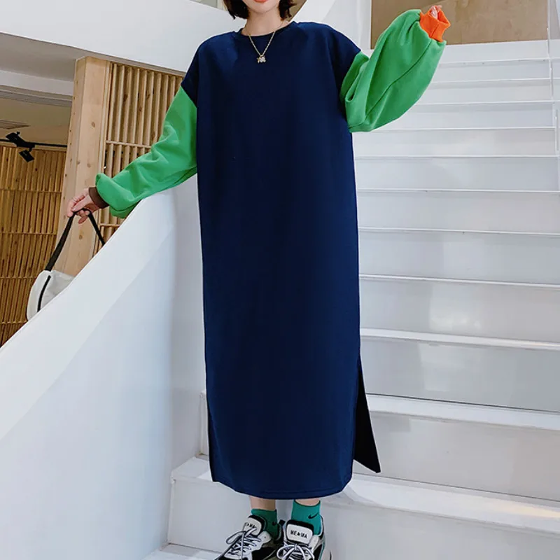 2020 Jeseň Zima Crewneck Mikiny Ženy Plus Veľkosť Štrbiny Pacthwork Dlho Kórejský Šaty Bežné Velvet Fleece Teplé Voľné Oblečenie