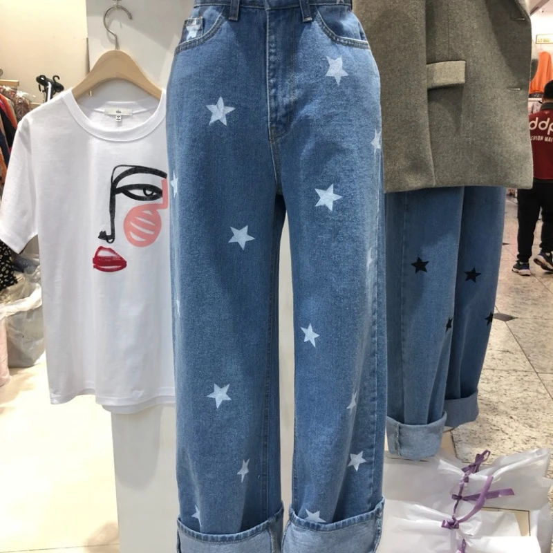2020 kórejský modré džínsy módne Päť-špicaté hviezdy vytlačené rovné džínsy ženy vysoký pás voľné džínsové nohavice truosers KZ756