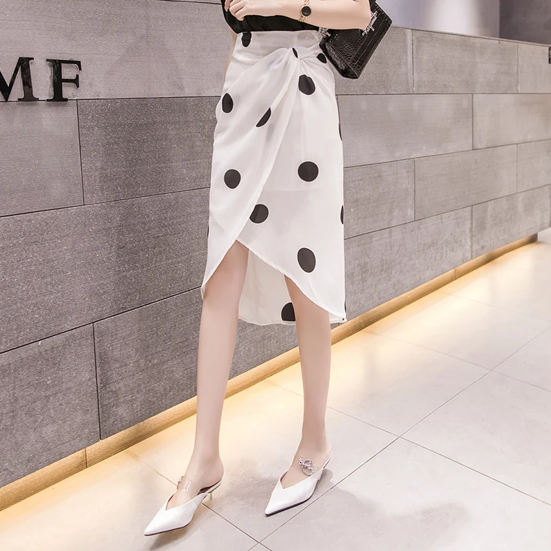 2020 letné čierne a biele polka dot nepravidelný sukne s vysokým pásom tenké šifón dlhé sukne dámske kórejský elegantné štrbinou zábal sukne