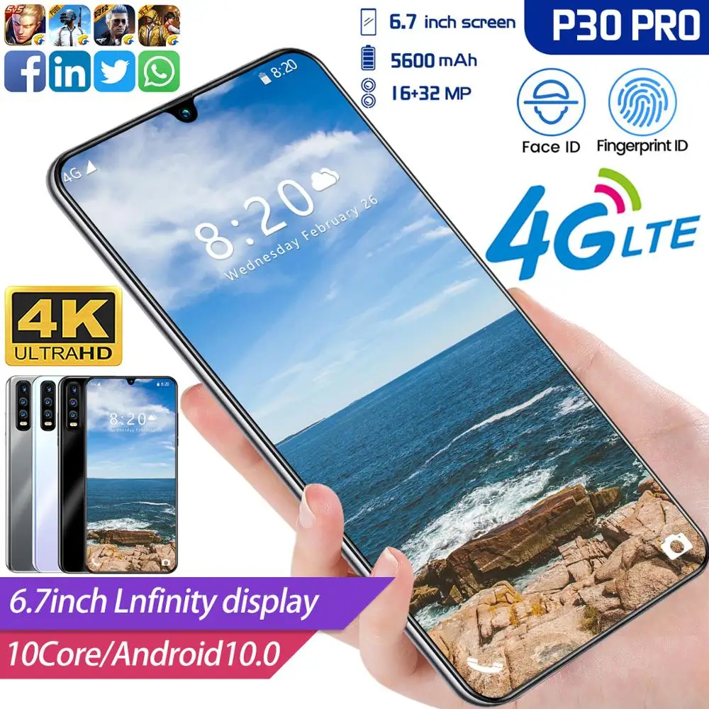 2020 Nové 4G P30Pro Mobilný Telefón 8G 256G Dual Card 6.7 Palcový Full Displej Ultrabook Siete Global Telefones Celulares Smartphone
