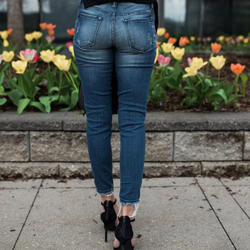 2020 nové jar a na jeseň ženy džínsy tesné nohavice s otvormi a vrásky elastické džínsy slim ceruzkou nohavice pre voľný čas roztrhané džínsy