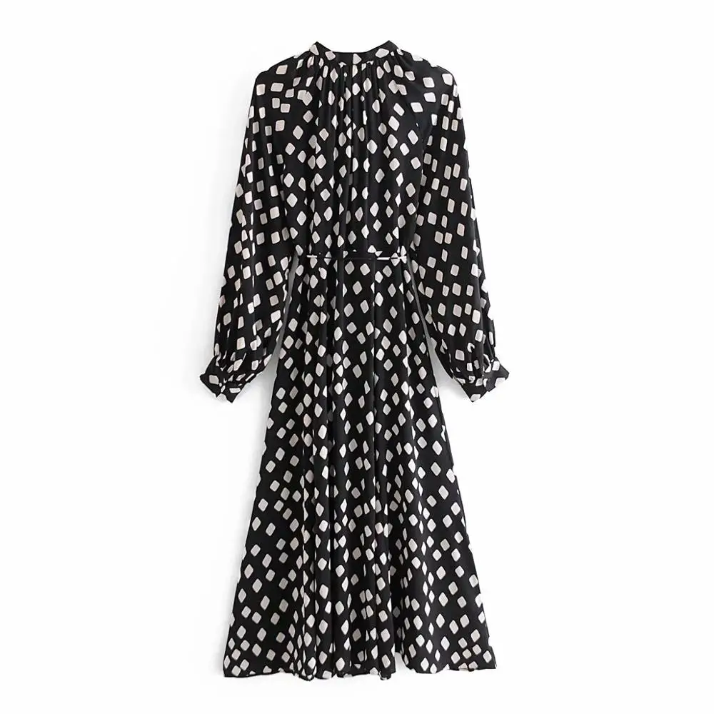 2020 Nové Jeseň Zima Ženy Šaty Black Vytlačené Dlhé Rukávy tvaru Šaty Elegantné Módne bežné Midi Šaty pre Ženy