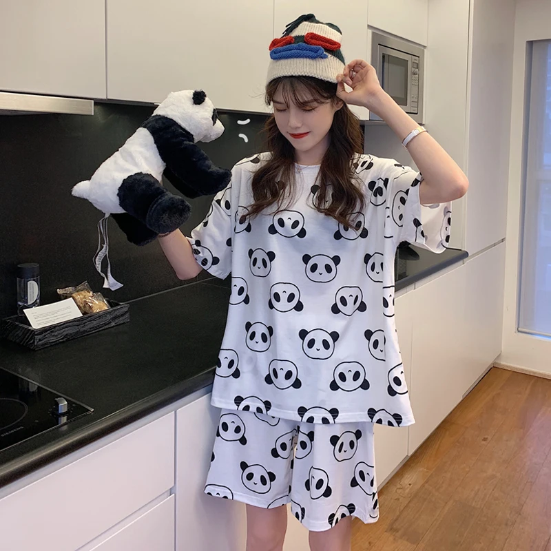 2020 Panda Tlač Letné Pyžamo Pre Ženy Cartoon oblečenie pre voľný čas Dievčatá Potu Cute Pyžamo Voľné Sleepwear T-Košele a Šortky 2 Nastavte