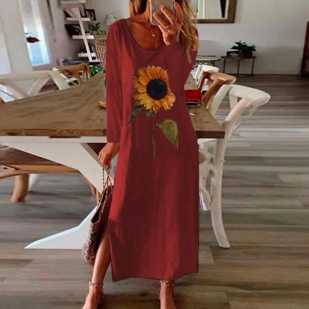 2020 Tričko Bežné Šaty s Dlhým Rukávom Ženy Slnečnice Tlač Midi Šaty Strane syntakticky rozdelené Plus Veľkosť S-5XL Voľné Boho Plážové Šaty Jeseň