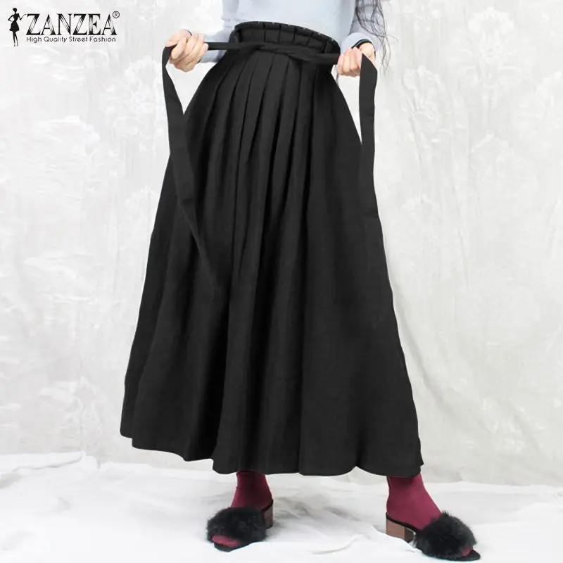 2021 Dámske Vintage Pevné Sukne, Elegantné Skladaný Mujer Faldas Žena Vysoký Pás-Belted Spodnej ZANZEA Módne Dlhé Maxi Sukne